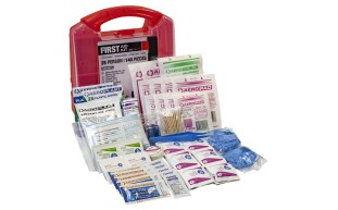 6025 - 25 person Red Plastic First Aid Kit Open_FAK6025W.jpg